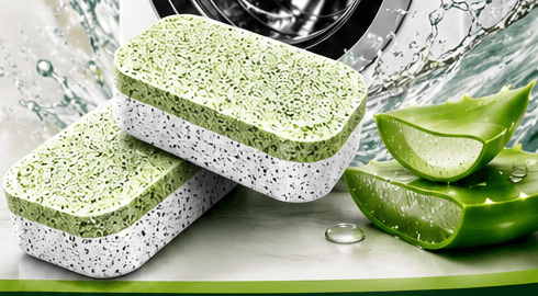 Two WashNovo cleaner tablets beside aloe leaves